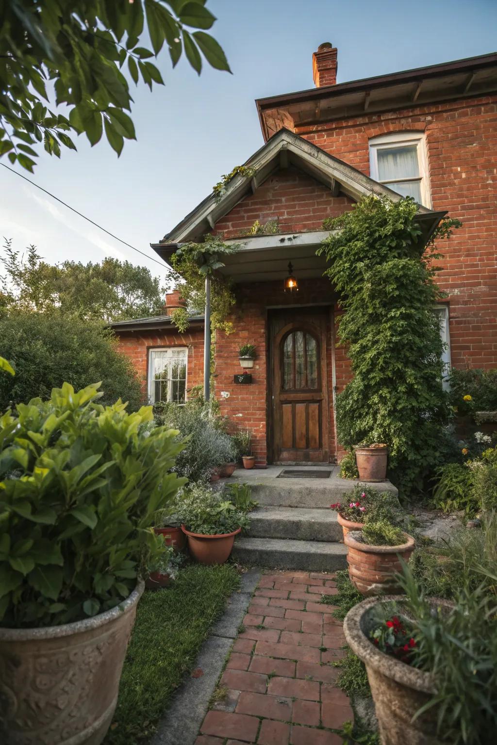 Potted plants add a welcoming touch to this home's entrance.