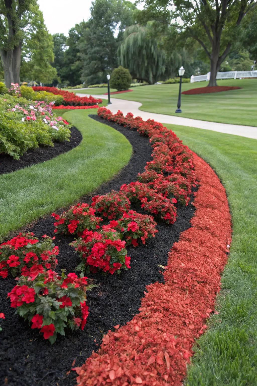 Flowerbeds with layered red and black mulch for added depth.