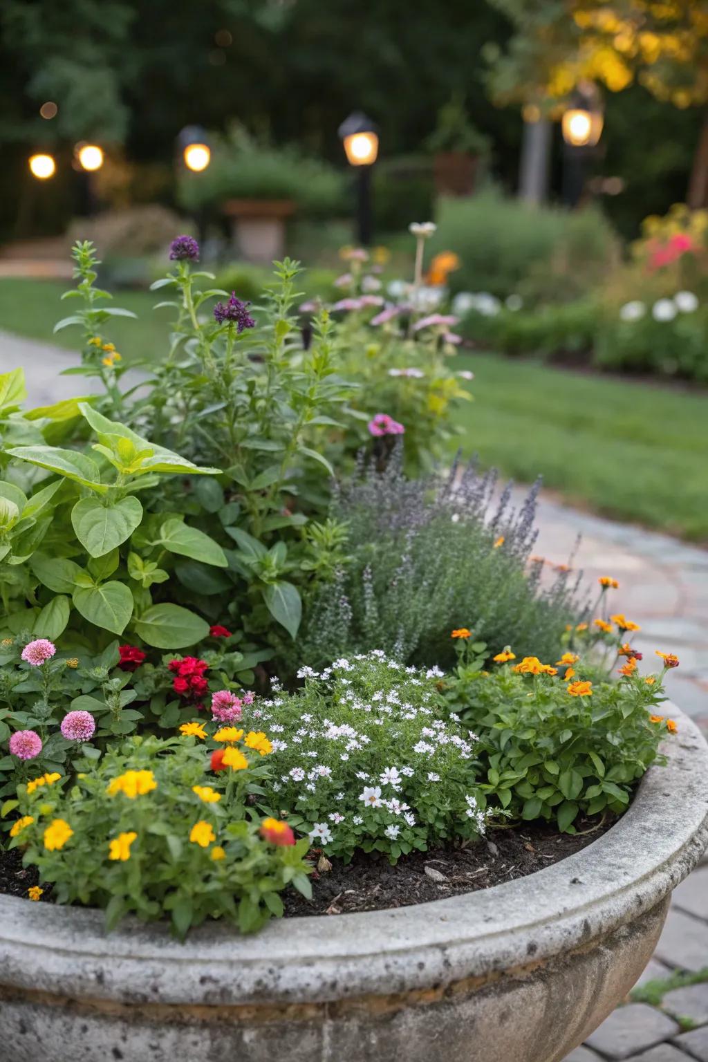 A mix of herbs and flowers offers beauty and utility.