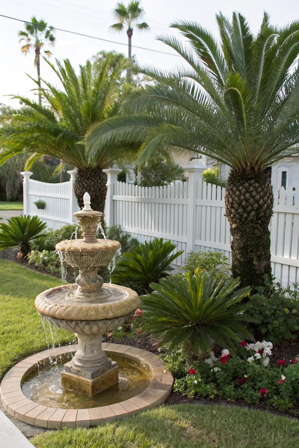 Water features enhance the tranquil ambiance of a sago palm landscape.