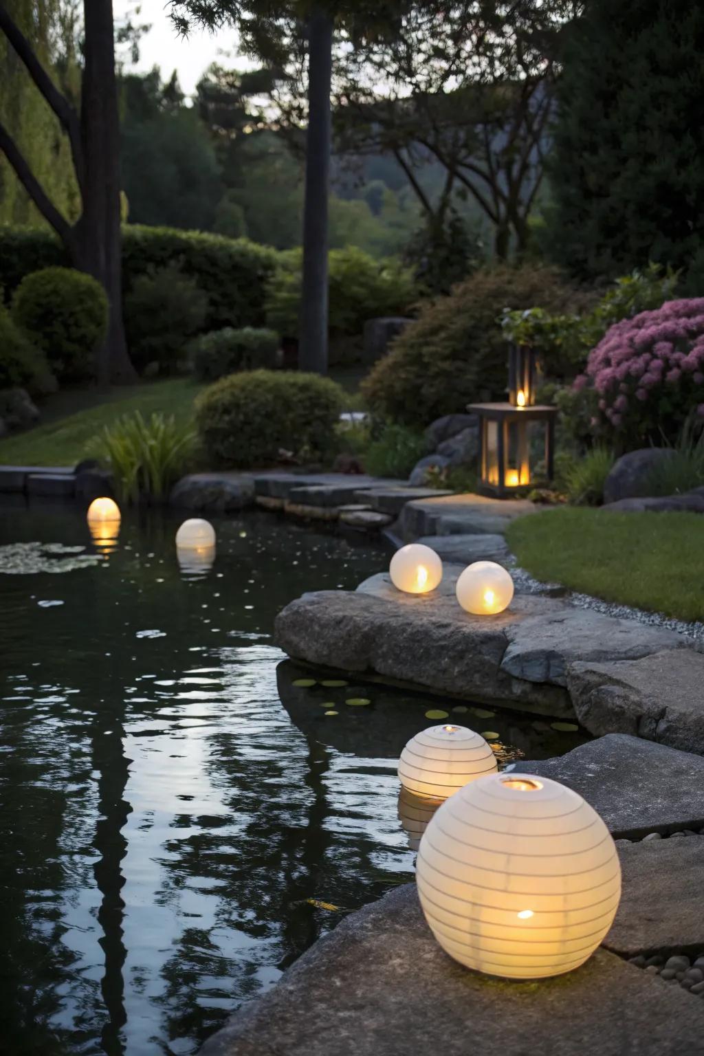 Create a serene atmosphere with floating solar lamps.