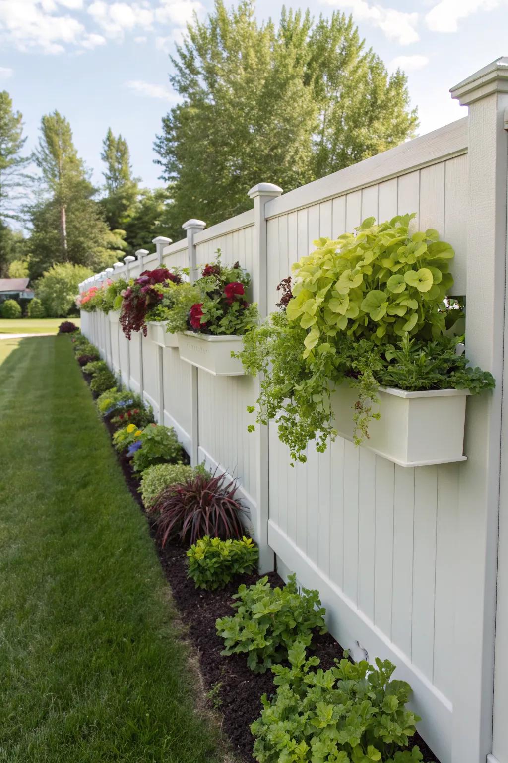 Vertical garden planters on a vinyl fence saving space while adding beauty.
