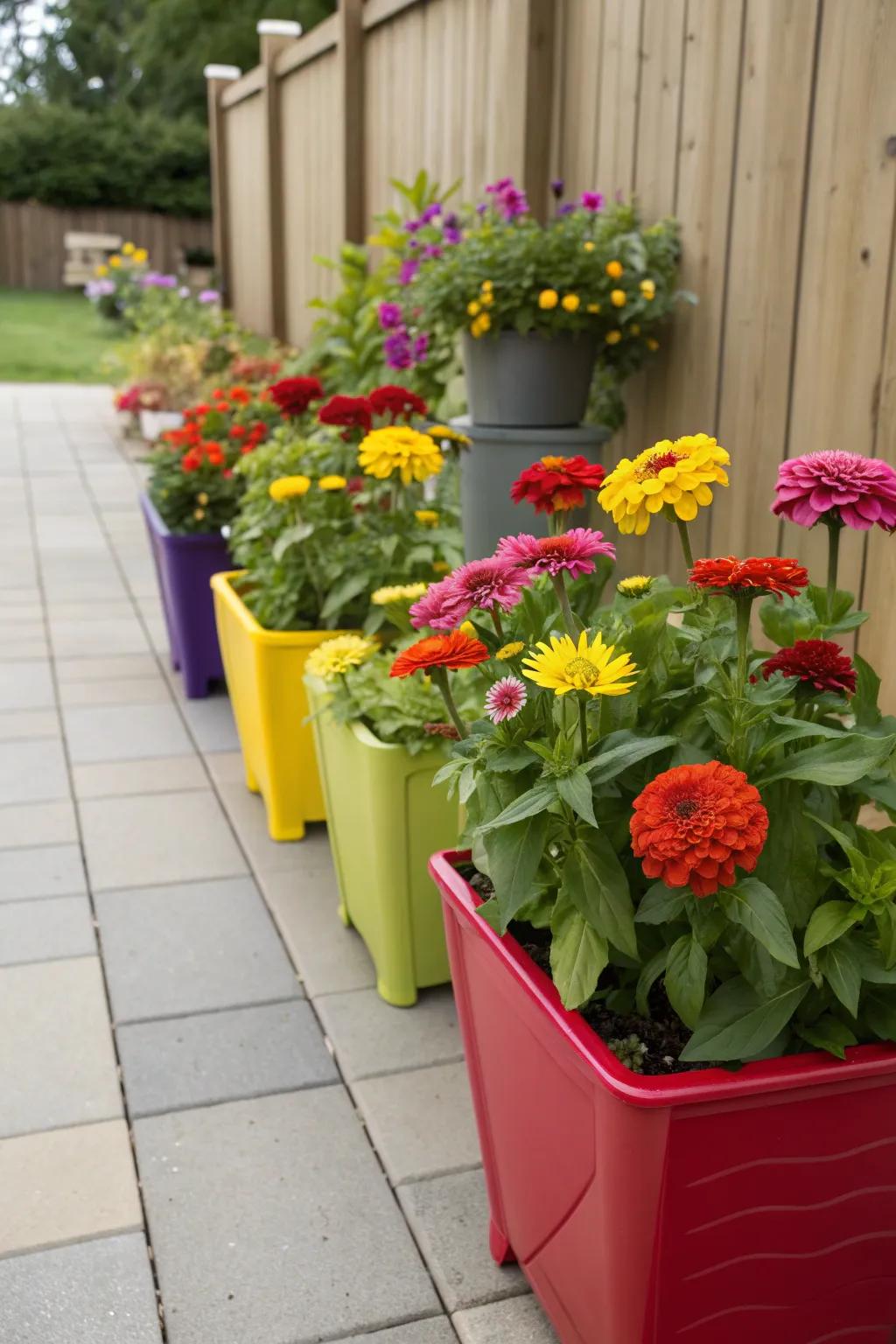 Containers with zinnias add vibrant pops of color to small spaces.