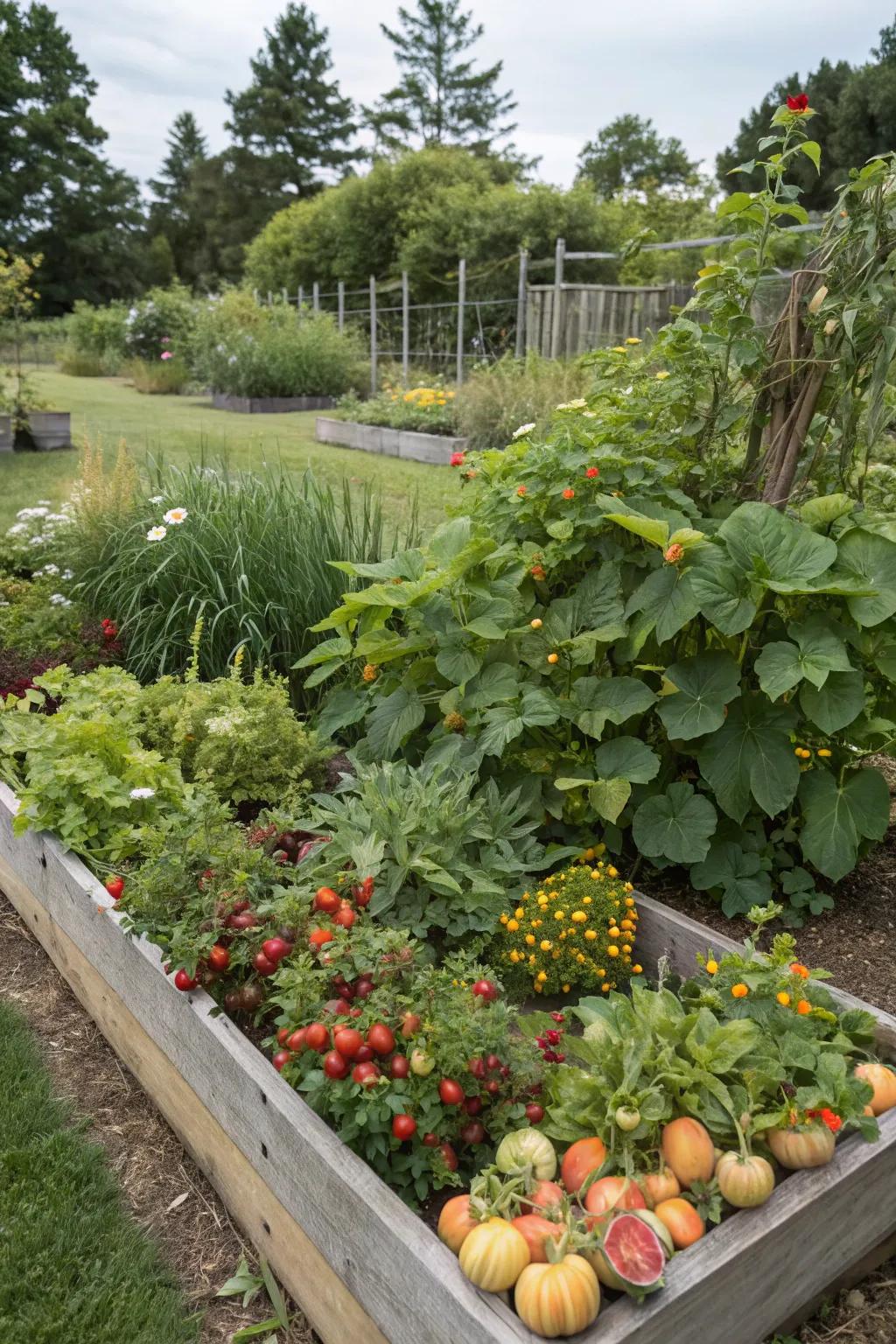 A fruitful mix of annual and perennial plants in a garden bed.
