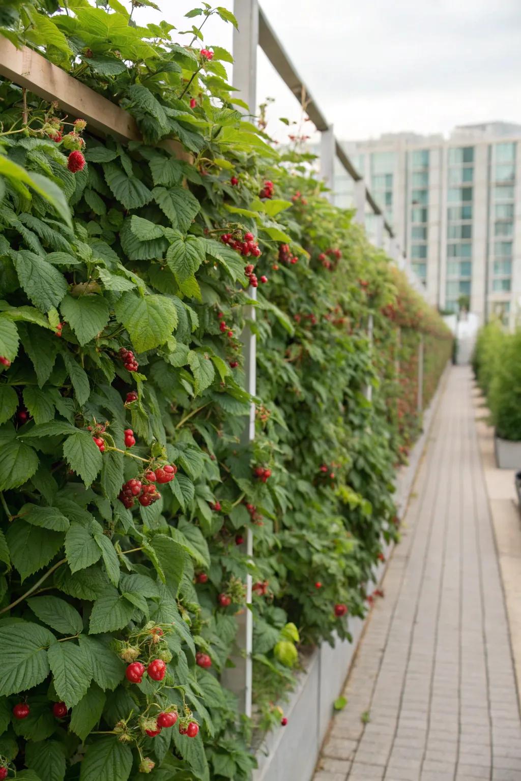 Vertical gardens are perfect for maximizing space with raspberry bushes.