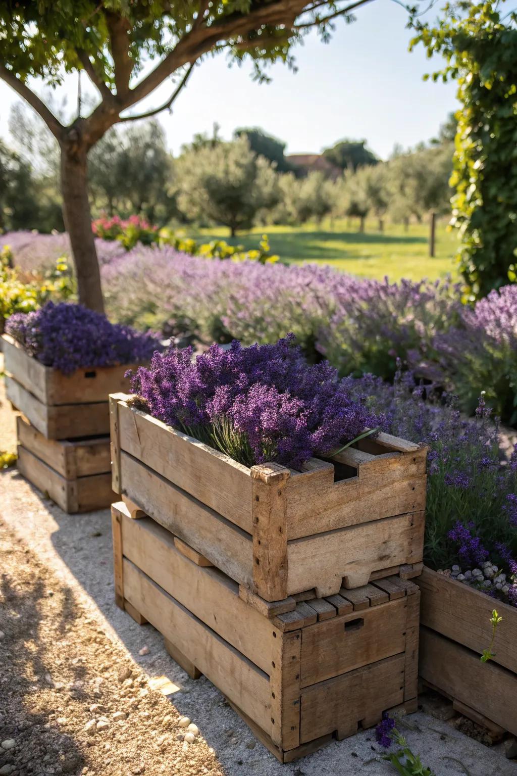 Lavender in wooden boxes brings fragrance and tranquility to sunny gardens.