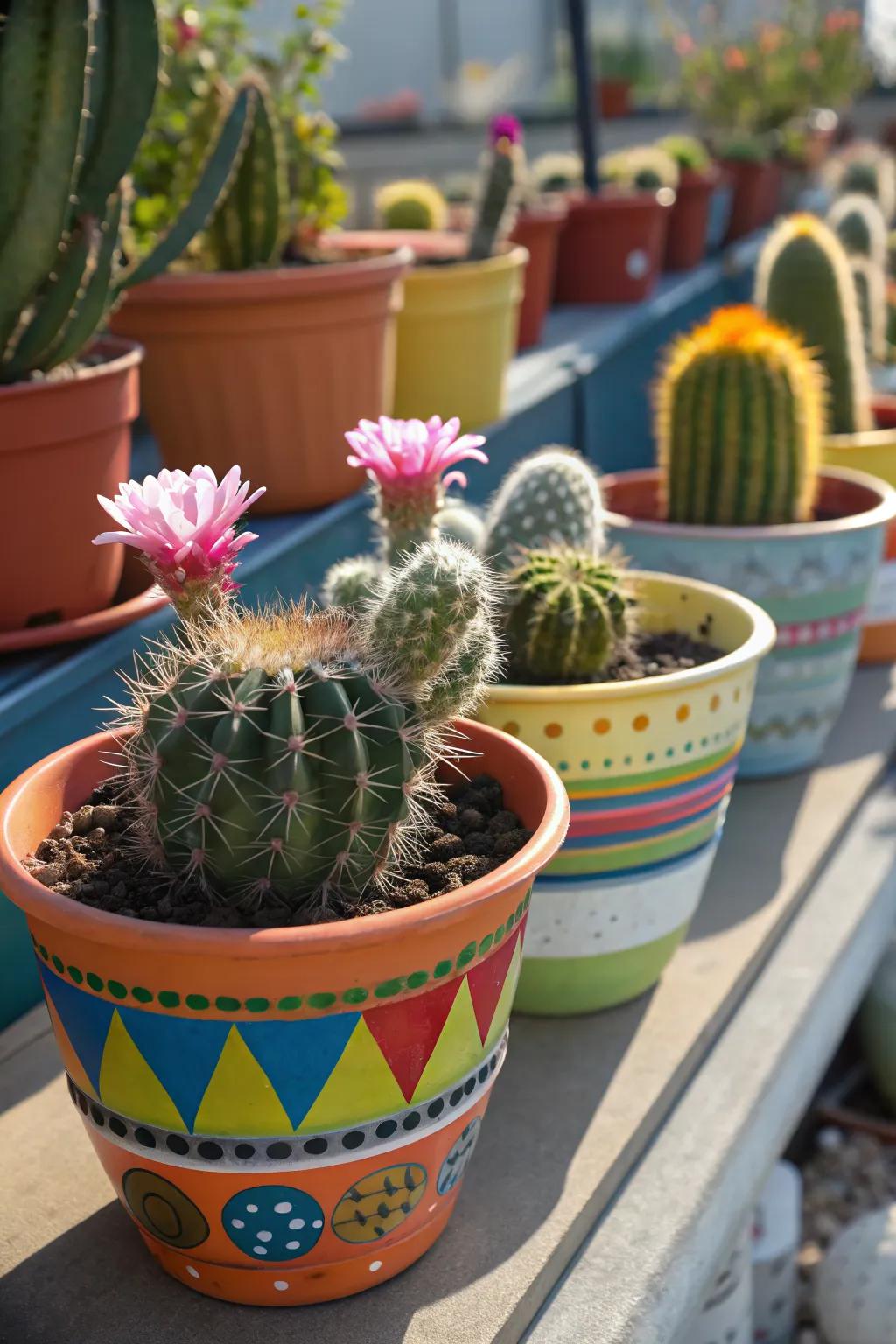 A vibrant cactus display in colorful pots
