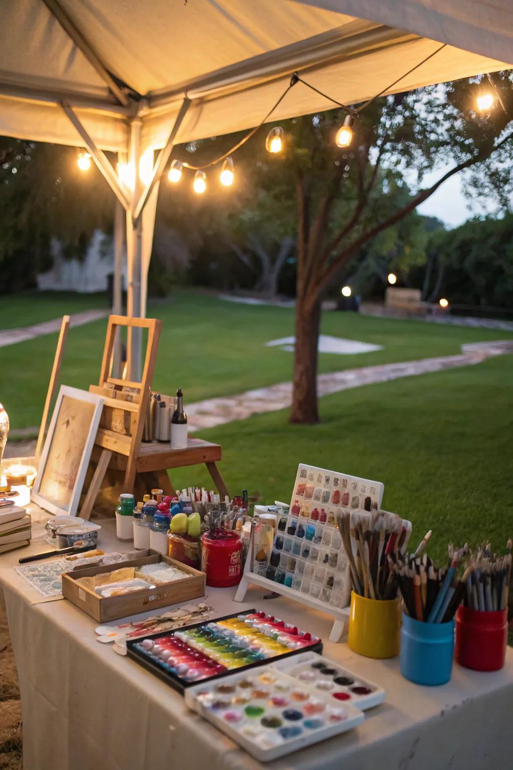 A vibrant craft station for creative backyard projects.