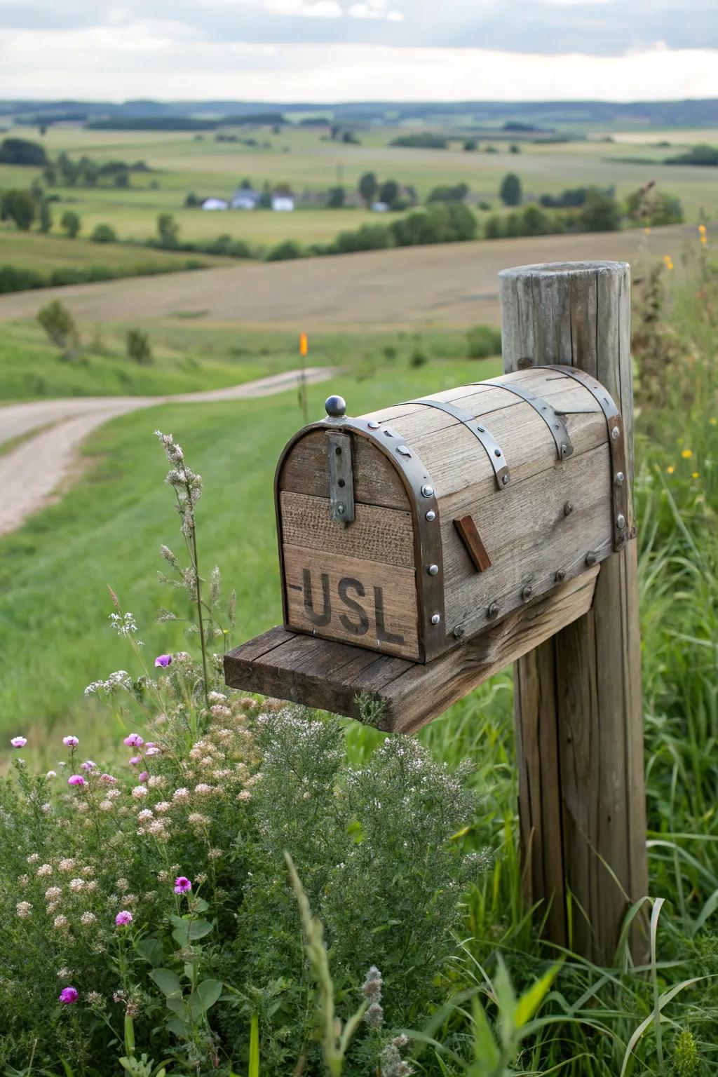 A rustic farmhouse mailbox that exudes country charm.