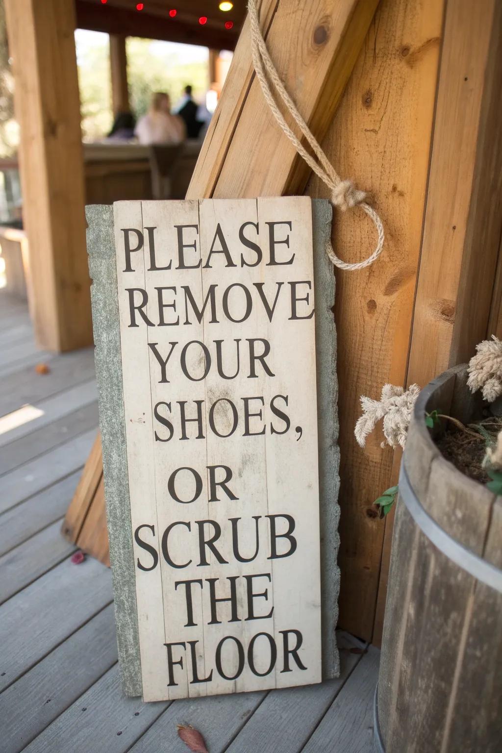 A humorous porch sign that gently reminds guests to remove their shoes