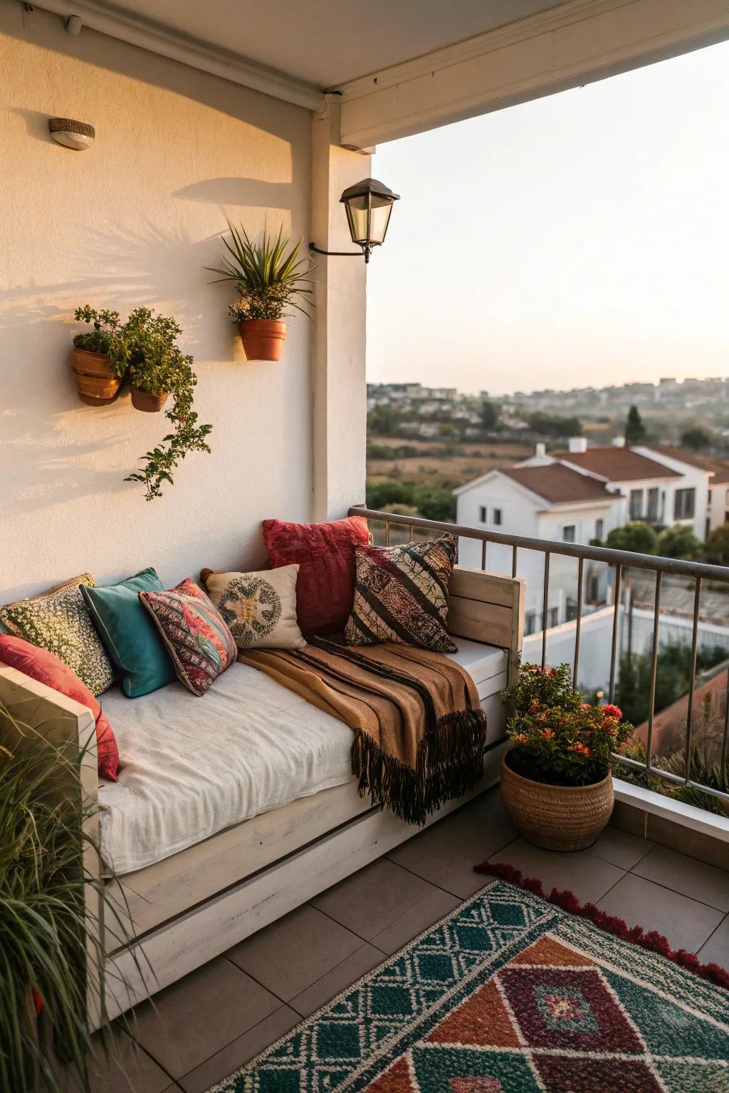 A convertible daybed is perfect for both lounging and entertaining on a small balcony.