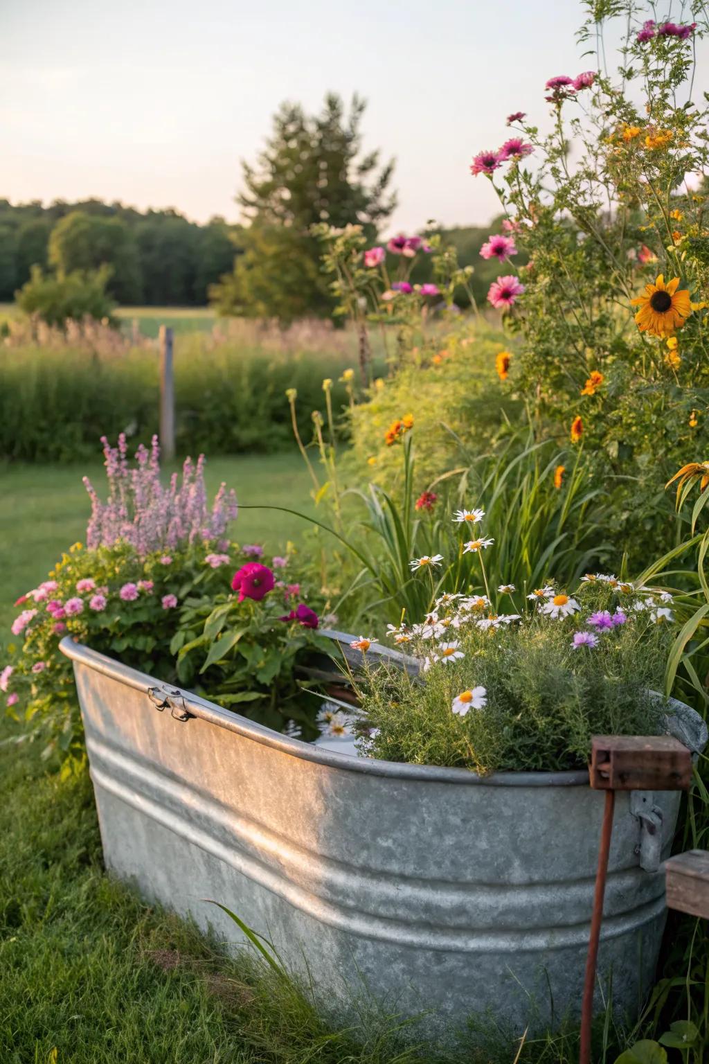 A wildflower-filled trough, creating a vibrant and naturalistic garden.