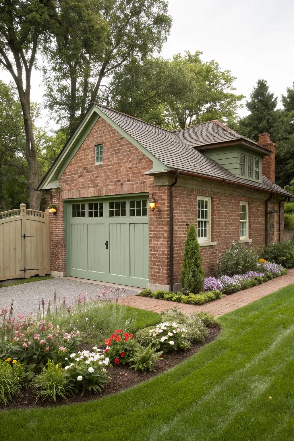 Sage green brings serenity and calm to the brick exterior.