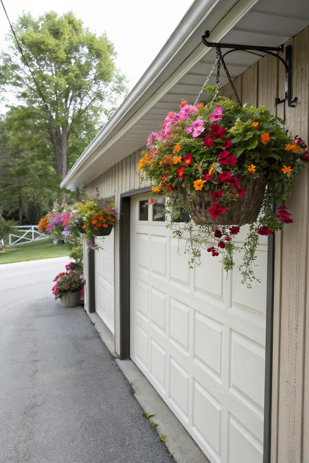 Hanging baskets add a charming floral touch to your garage door.