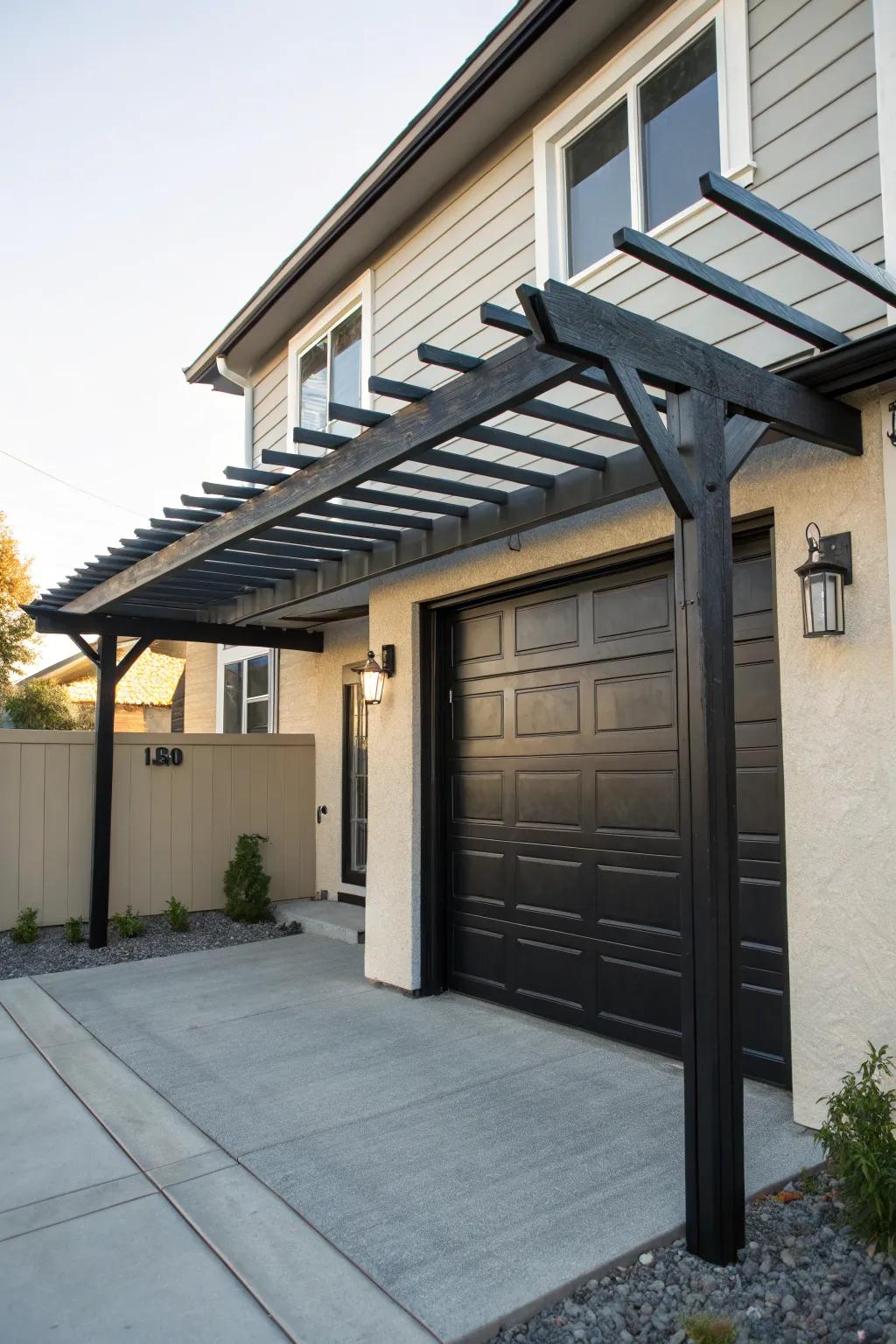 A bold black pergola makes a modern statement.