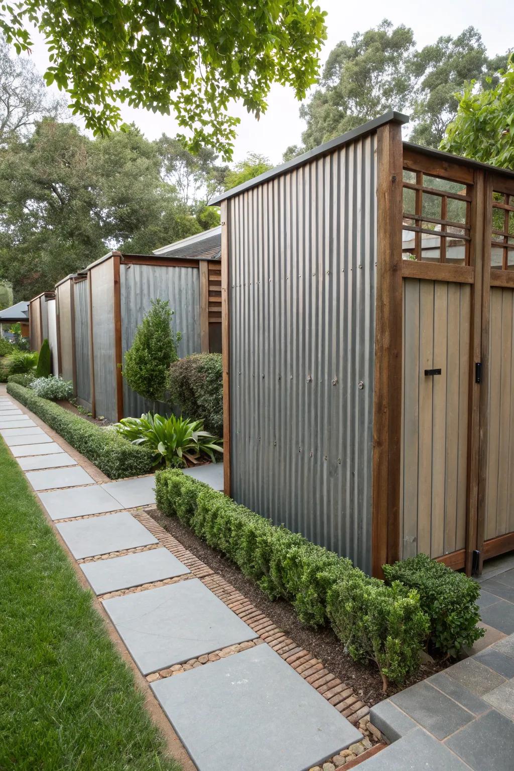 Corrugated metal panels offer an industrial chic solution for trash storage.