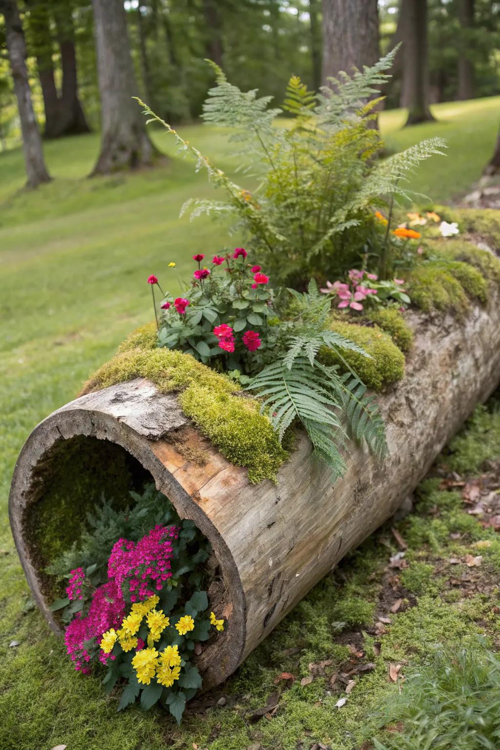 Introduce natural elements with log planters.