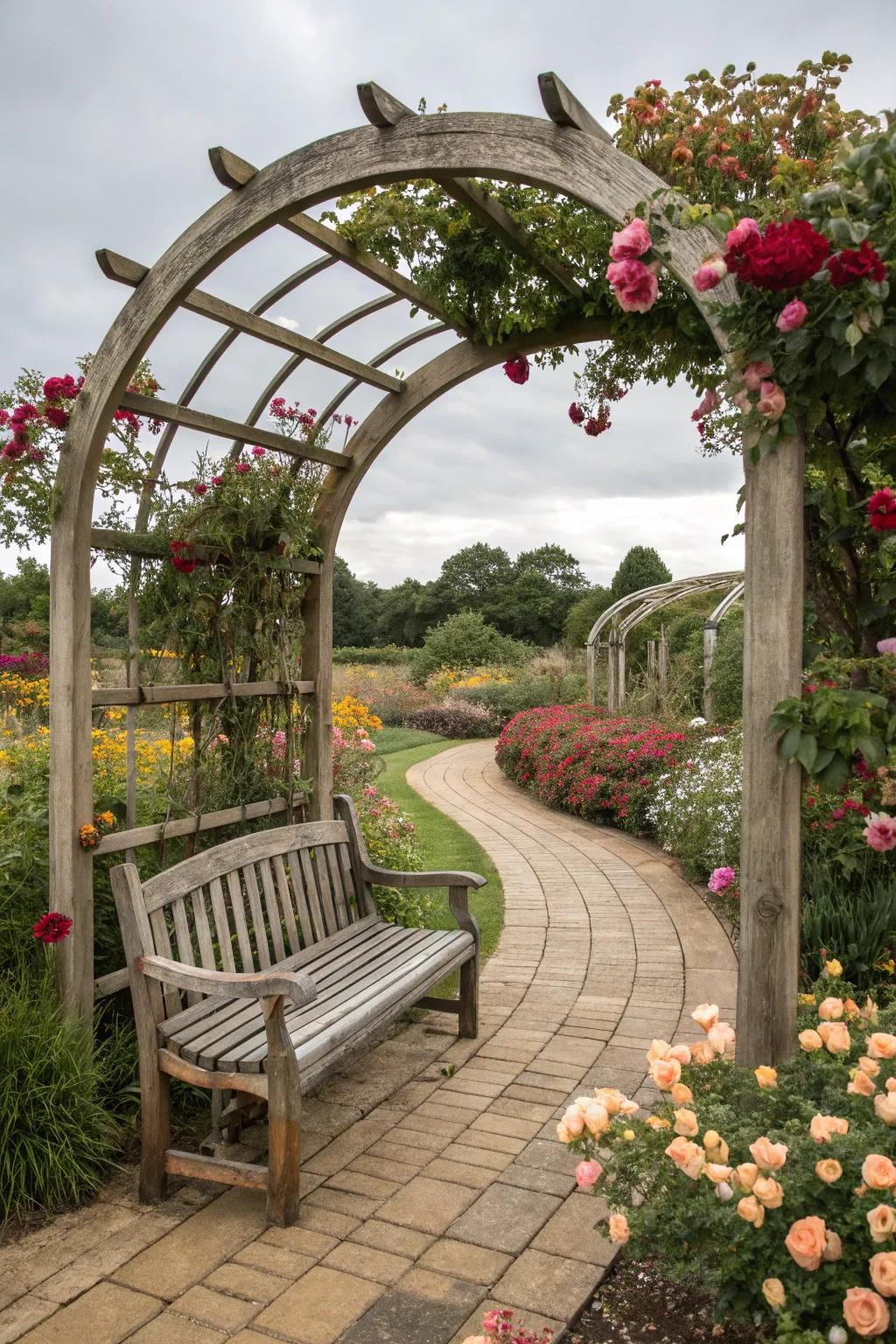 A garden arch featuring a cozy bench for relaxation.