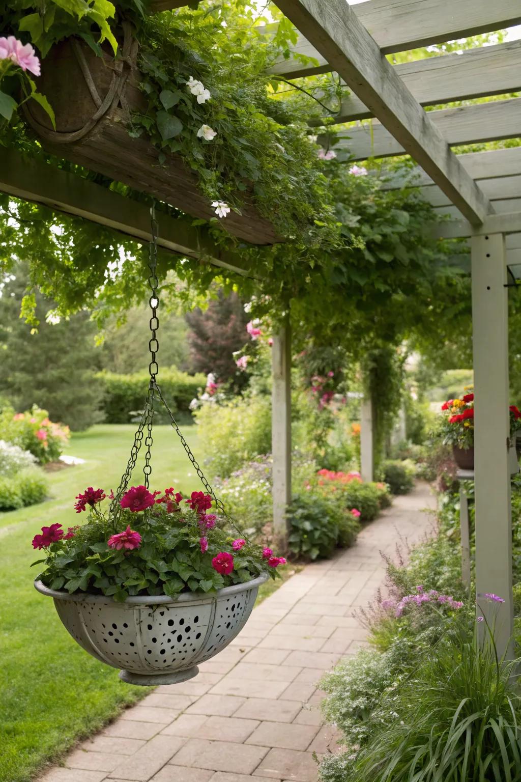 Use colanders for quirky hanging planters.