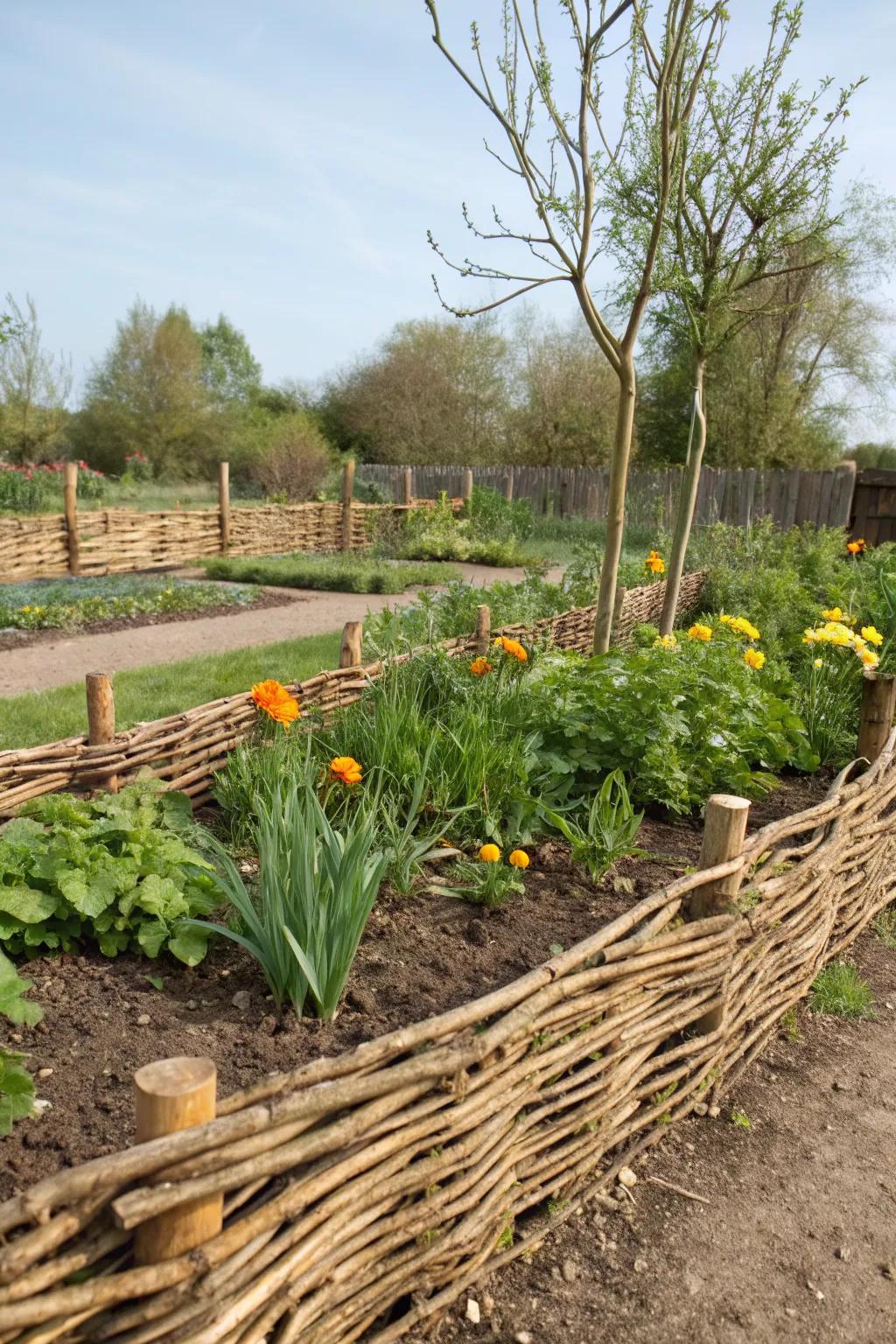 Wattle fencing adds rustic charm with woven branches.