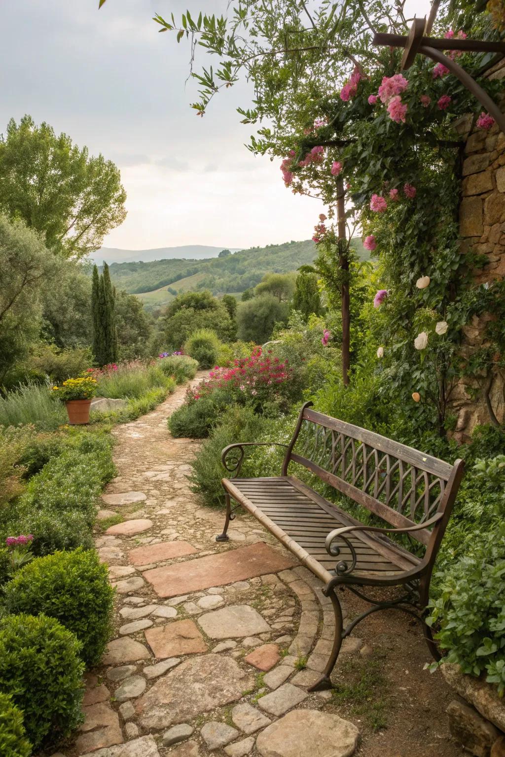 A bronze bench adds rustic charm and durability to the garden.