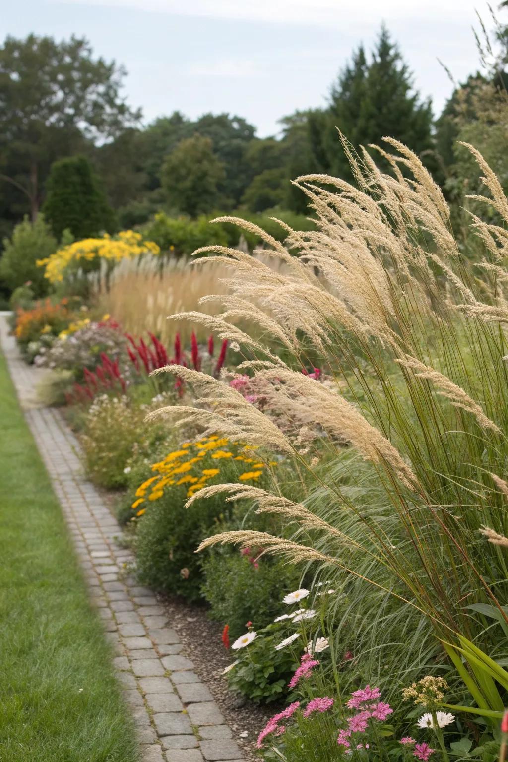 Ornamental grasses providing texture and movement in a garden border.