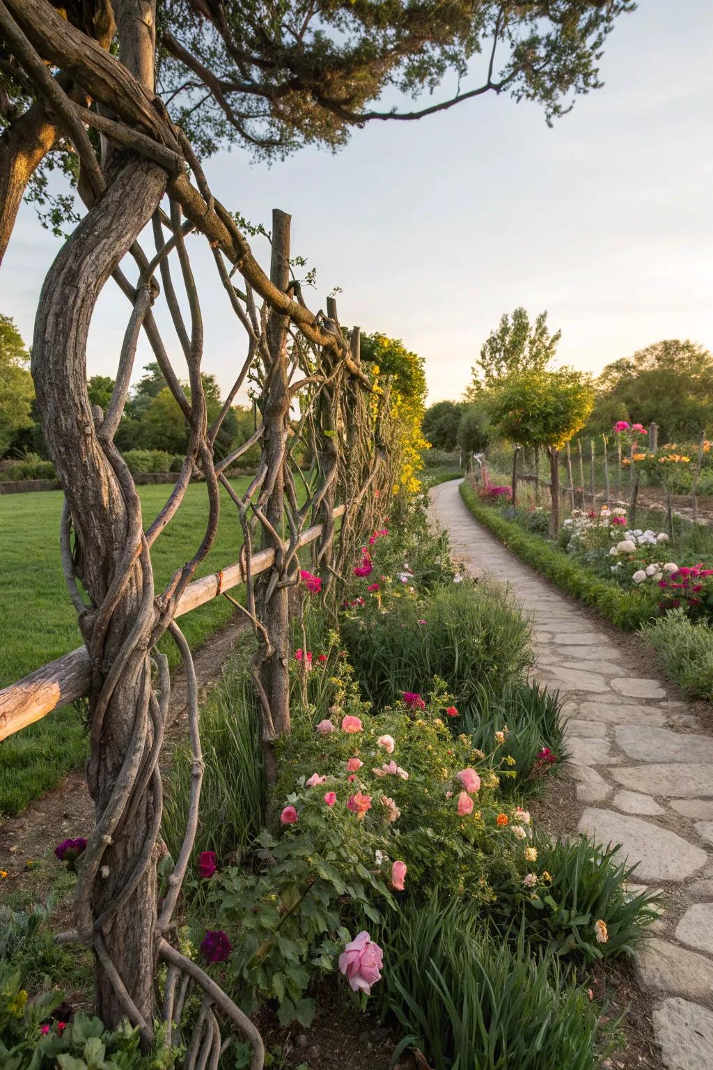 A twist and knot fence offers an artistic flair to garden spaces.