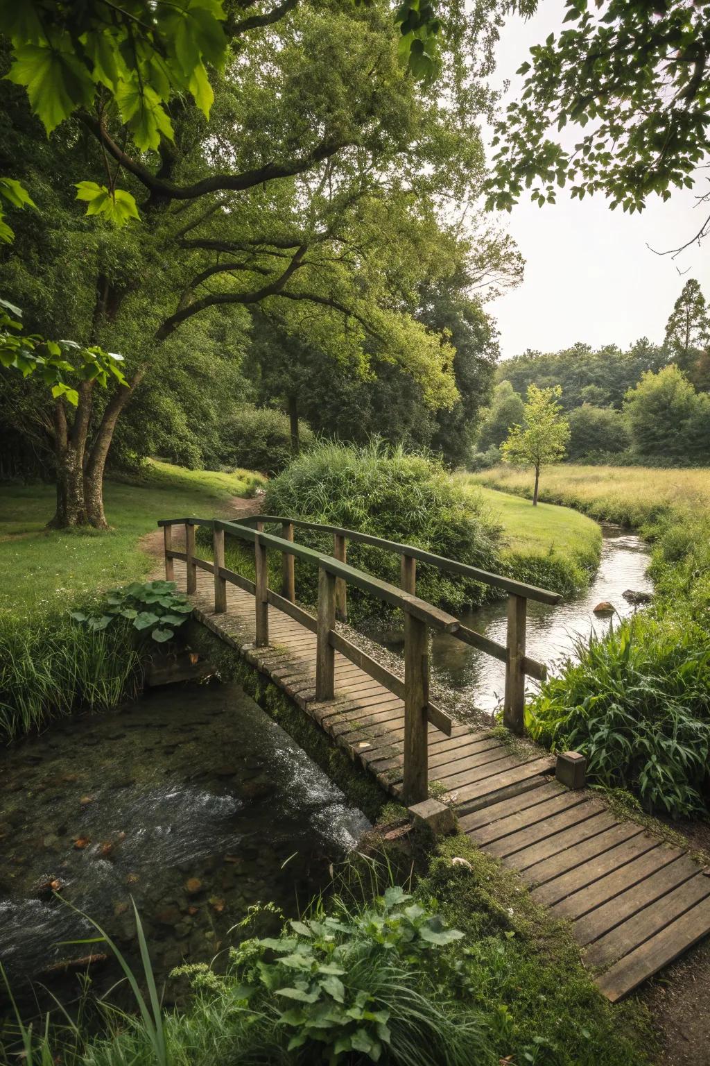A simple bridge that highlights the beauty of the garden.