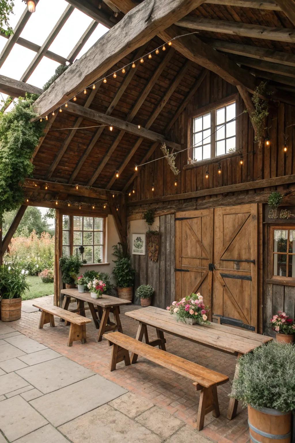 A charming barn-style garden building with rustic elements.