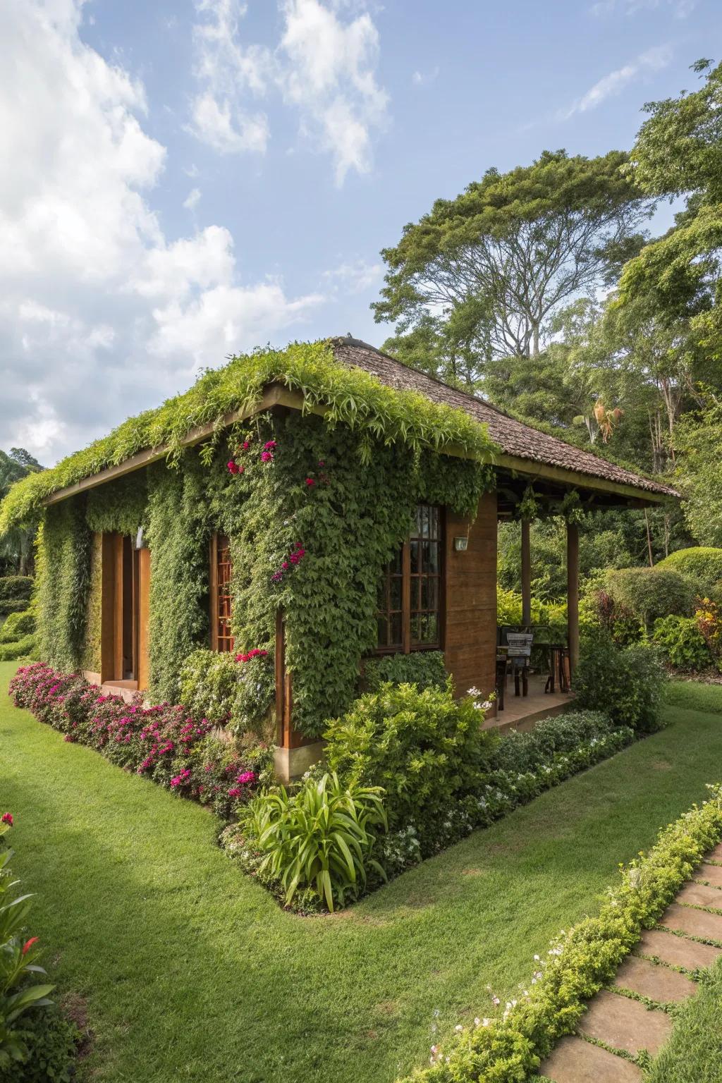 Vertical gardens enhance wall spaces in this lush bungalow setting.