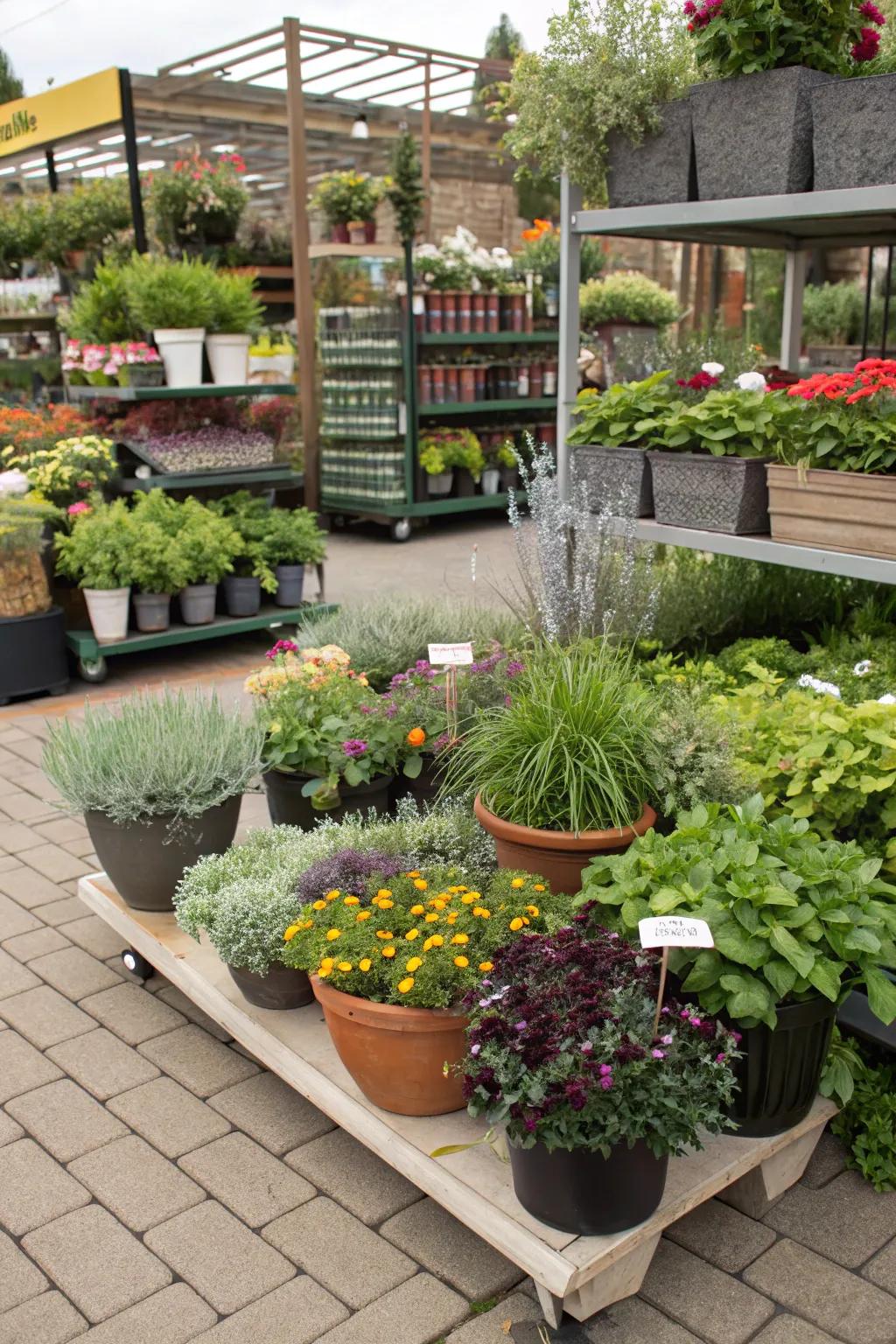 Diverse and stylish container garden display.