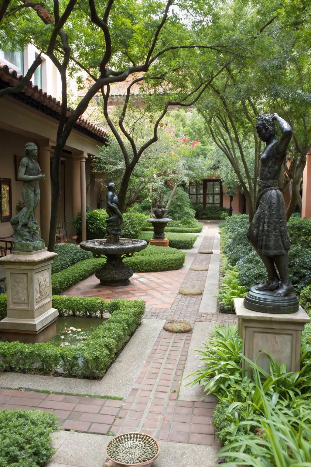Sculptures add character to the courtyard.