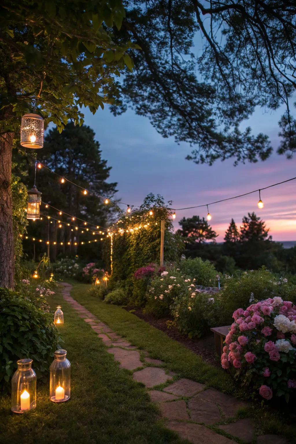 A garden beautifully illuminated with string lights and jar lanterns.
