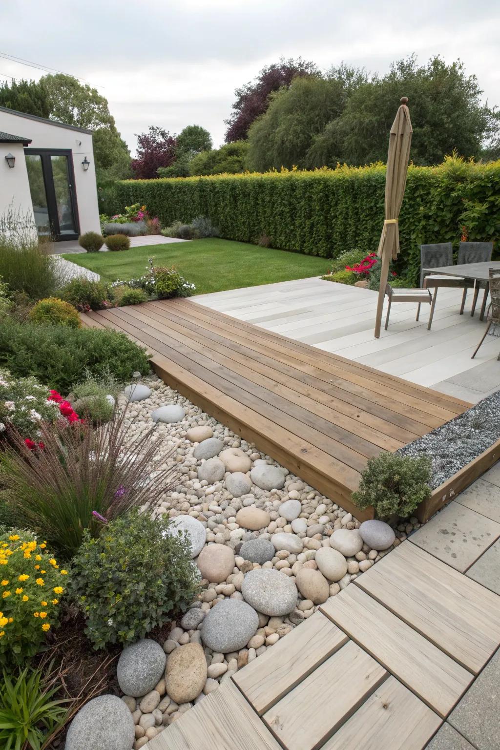 A deck with striking contrast from mixed materials.