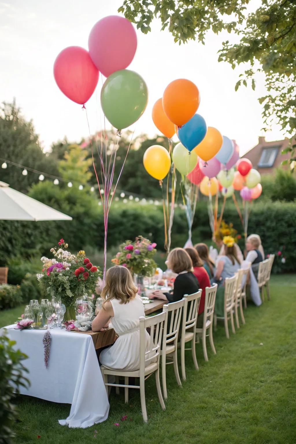 Festive balloons bringing color and joy to the garden dinner party.