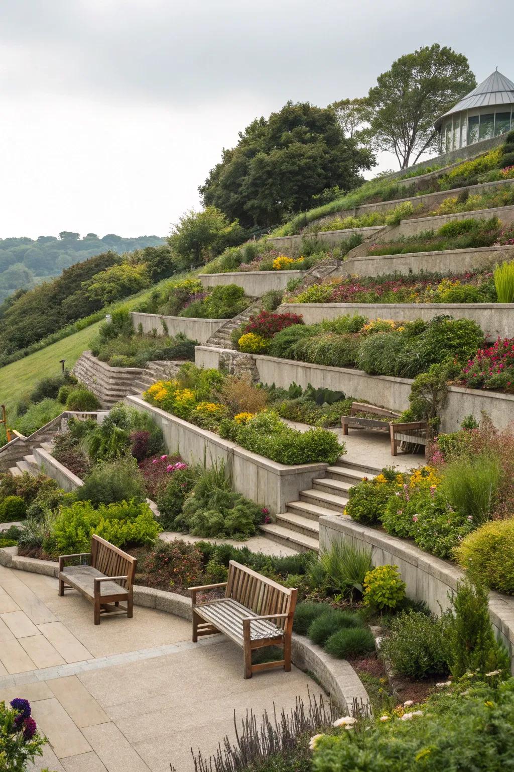 Tiered landscaping provides natural separation with visual appeal.