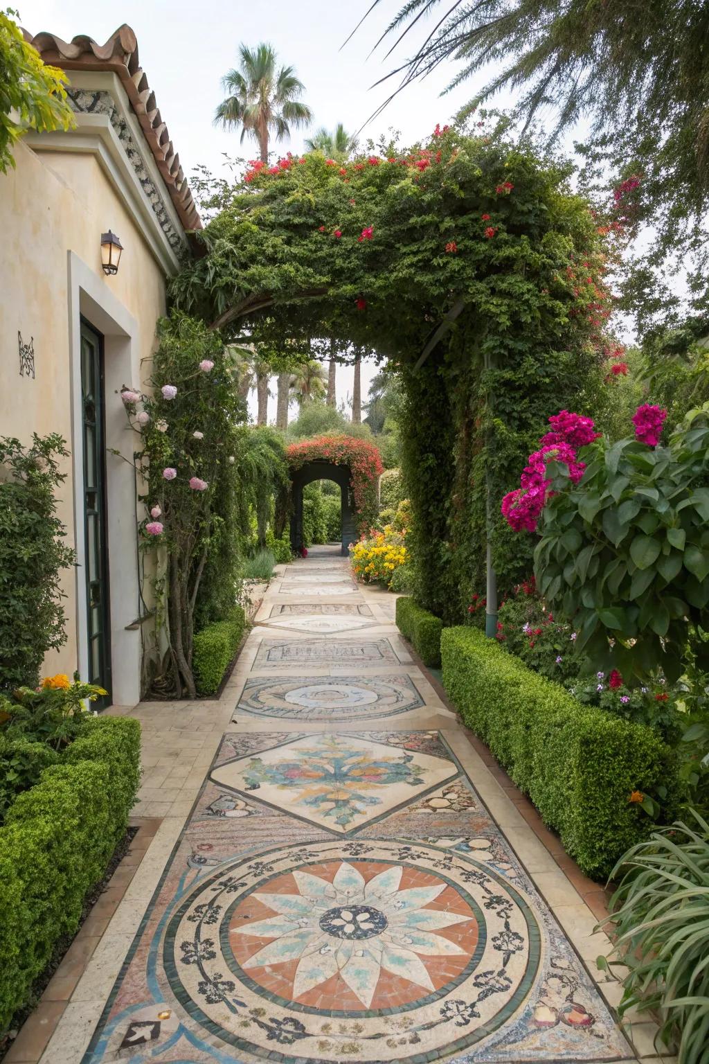 Artistic mosaic pavers create a unique and eye-catching garden path.