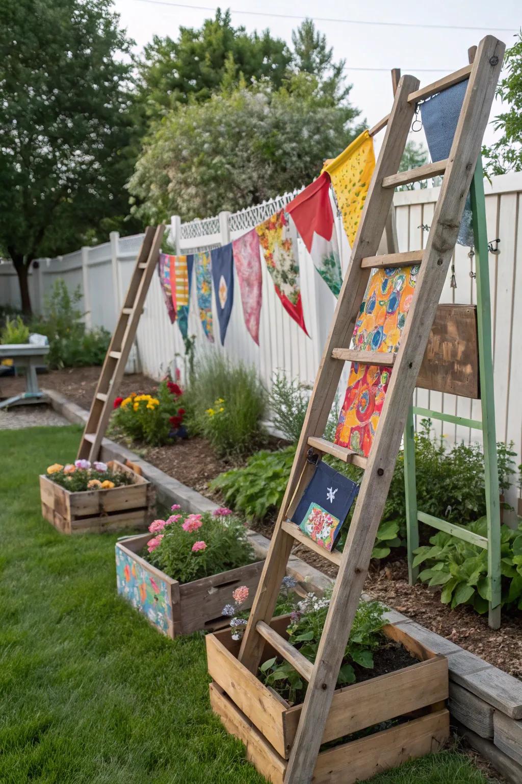 Recycled materials can create charming, eco-friendly garden flag displays.