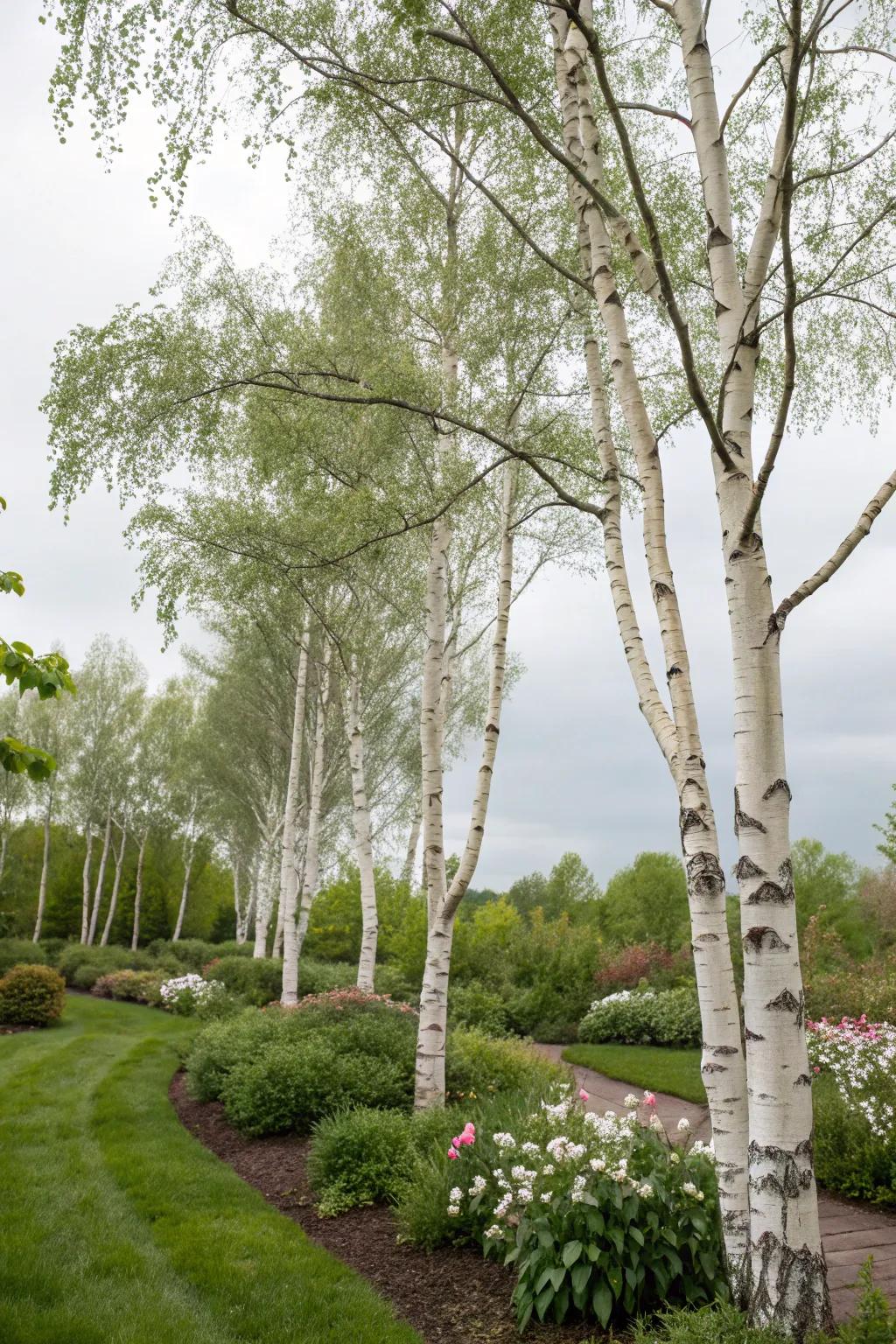 A grove of birch trees adds a mystical charm to the garden.