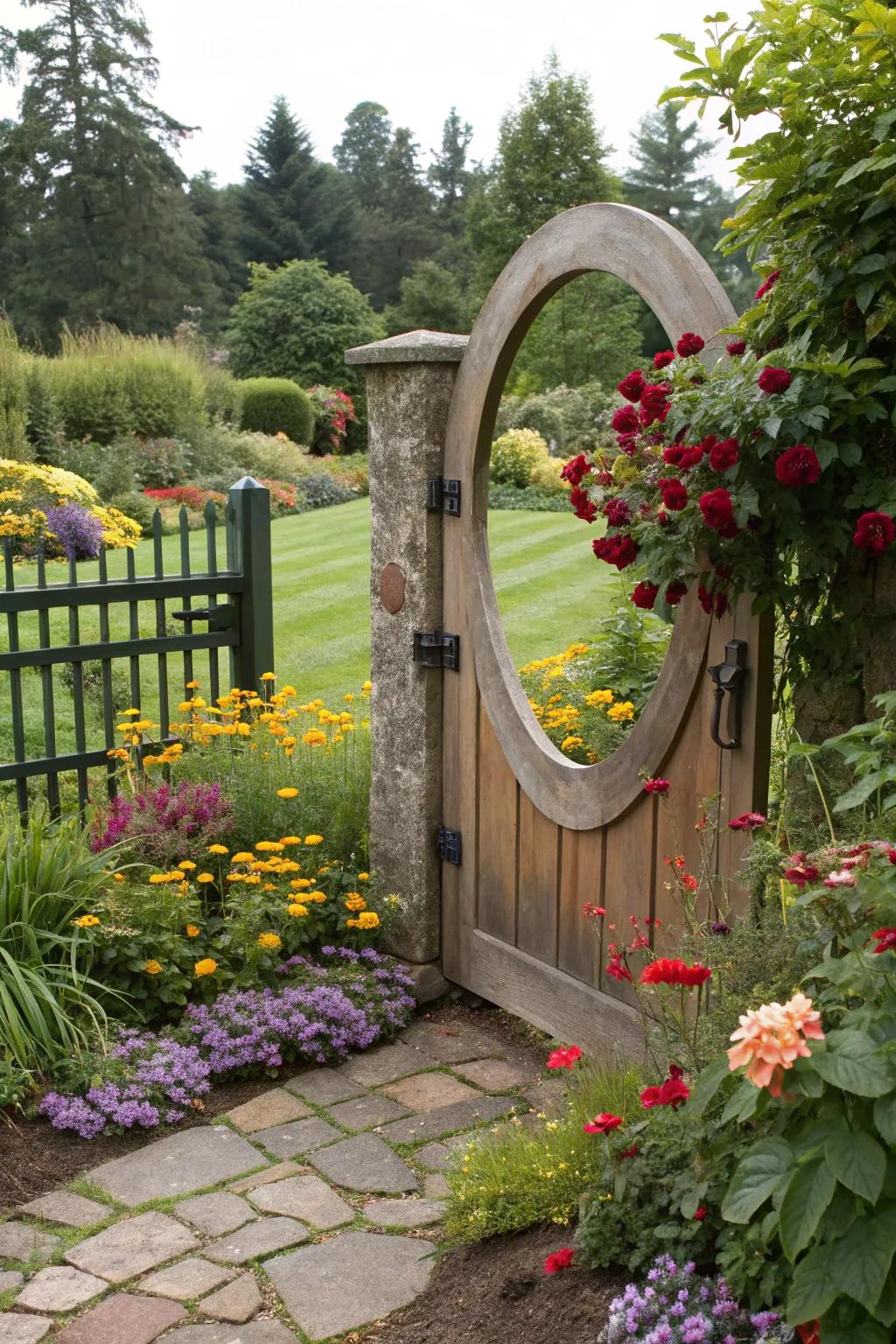 A uniquely shaped gate adds whimsy to your garden.