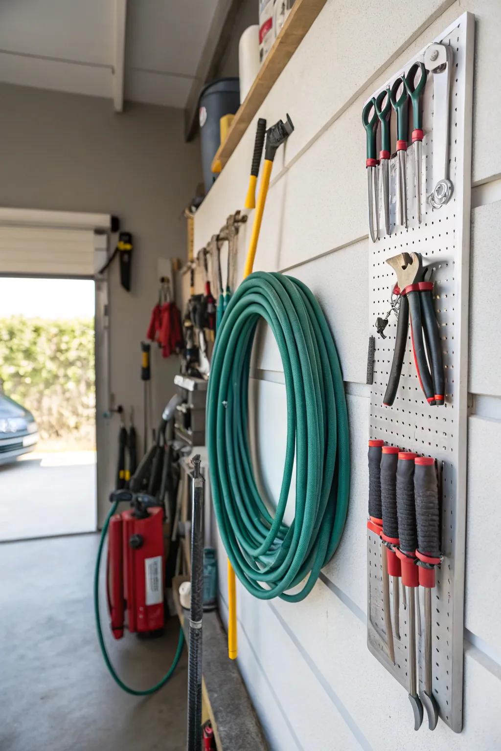 Organize your hose in the garage for protection and easy access.
