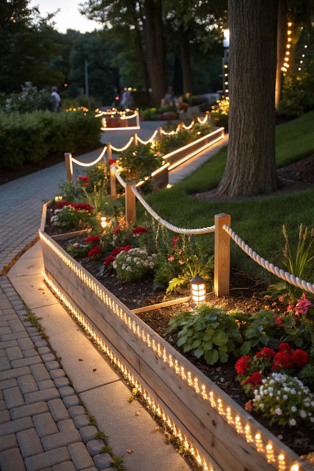 Rope lights defining garden bed edges with style.