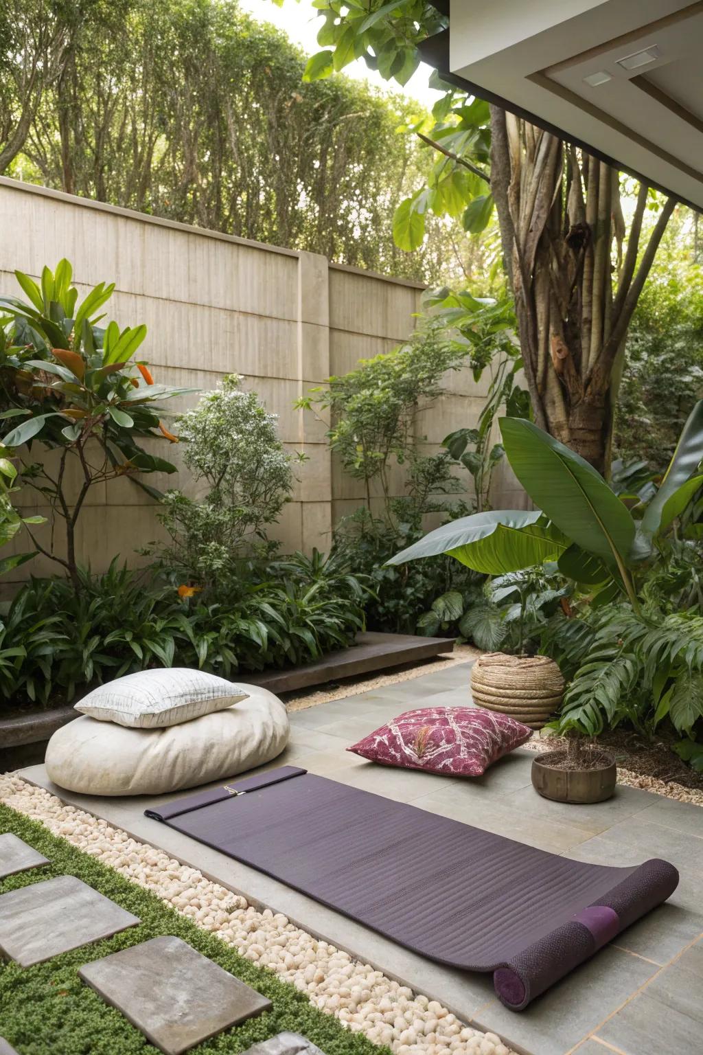 Yoga corners in the garden offer a serene space for relaxation.