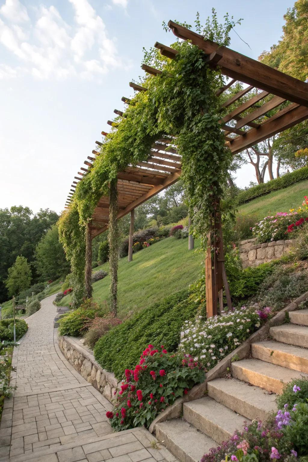A pergola offers shade and structure on a sloping garden.