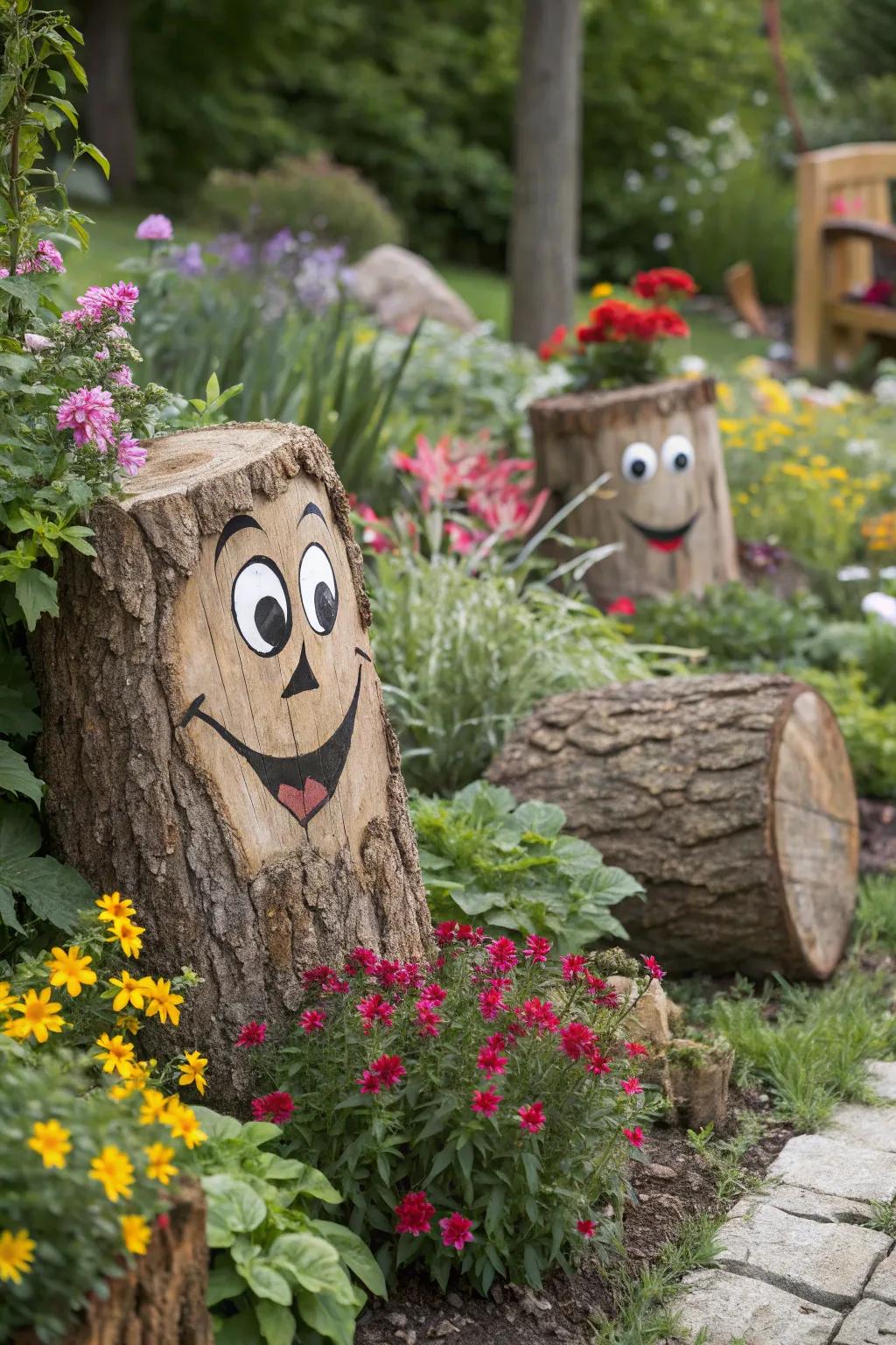 Bring rustic charm with creative log sculptures.