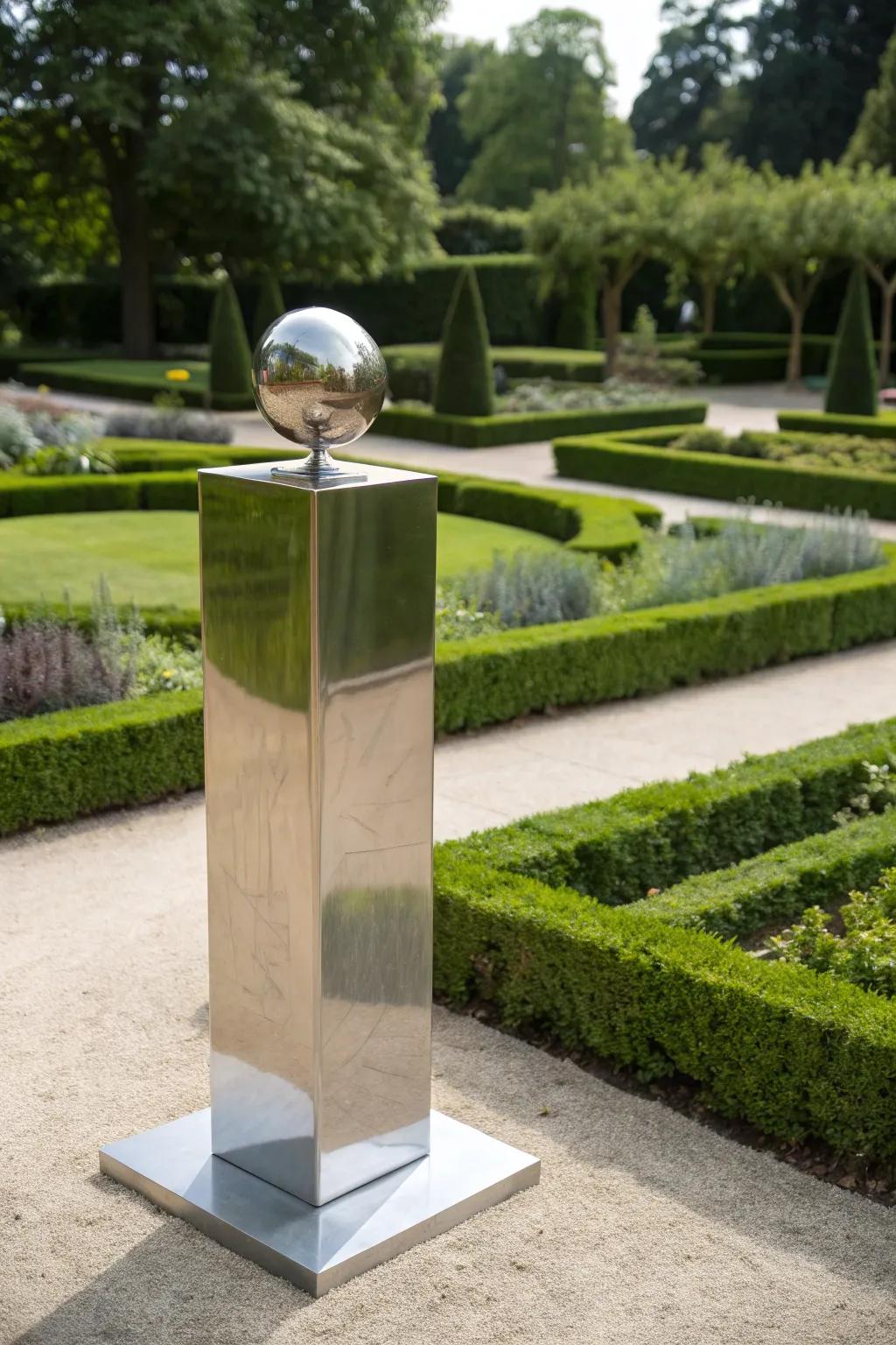 Metal pedestals offer a modern touch to garden aesthetics.