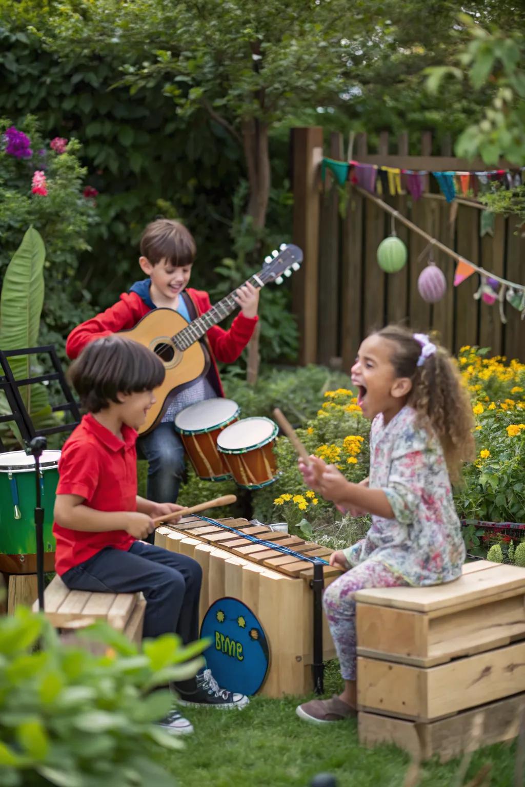 An outdoor music station with chimes and drums for children to explore sound.