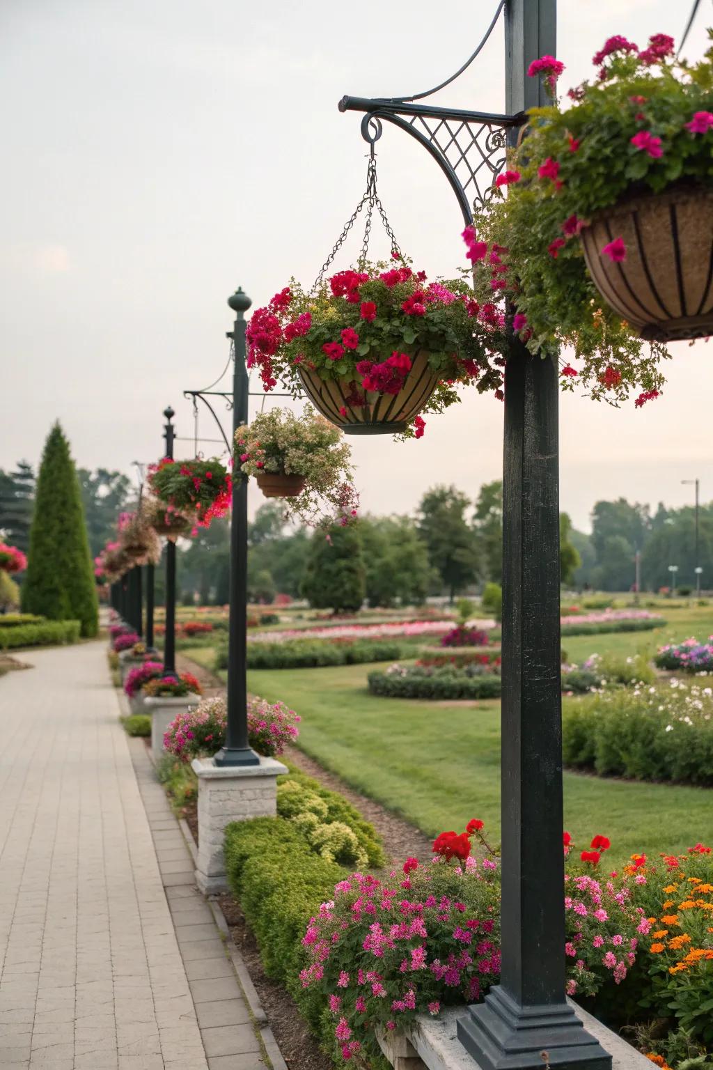 Elevate your garden's beauty with vibrant hanging planter posts.