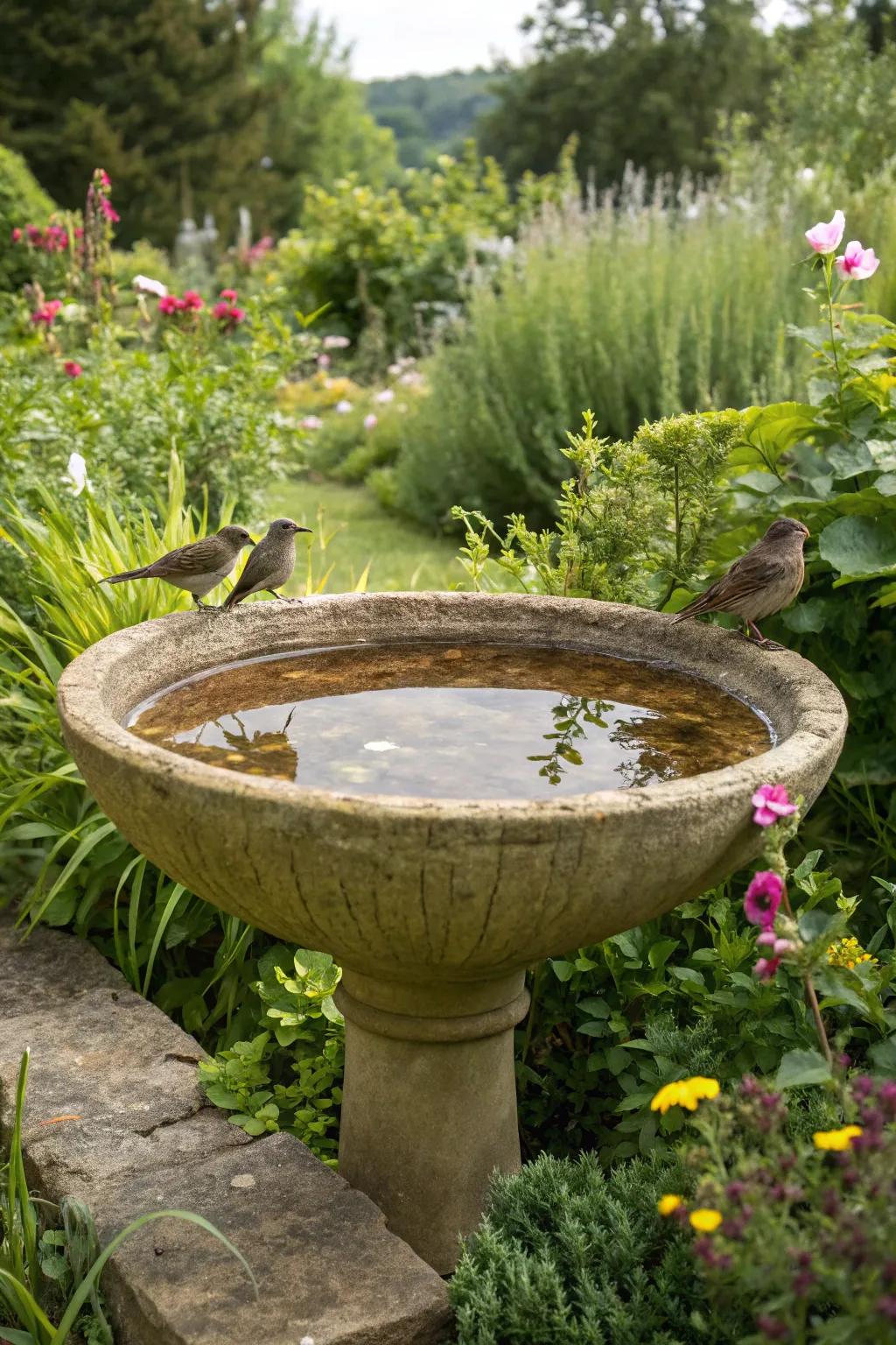 A ceramic bird bath attracting wildlife to the garden.