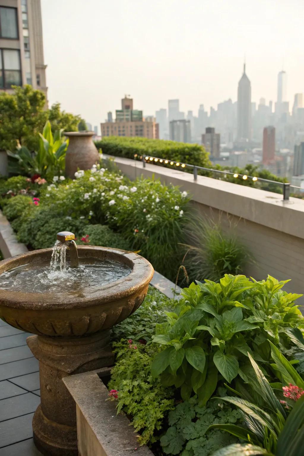 A soothing water feature enhancing the rooftop's ambiance.